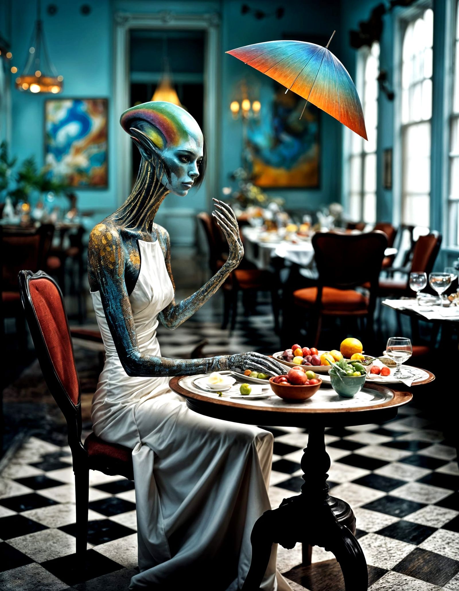 Beautiful Alien at Table: Hyperrealistic Polychromatic Portr...