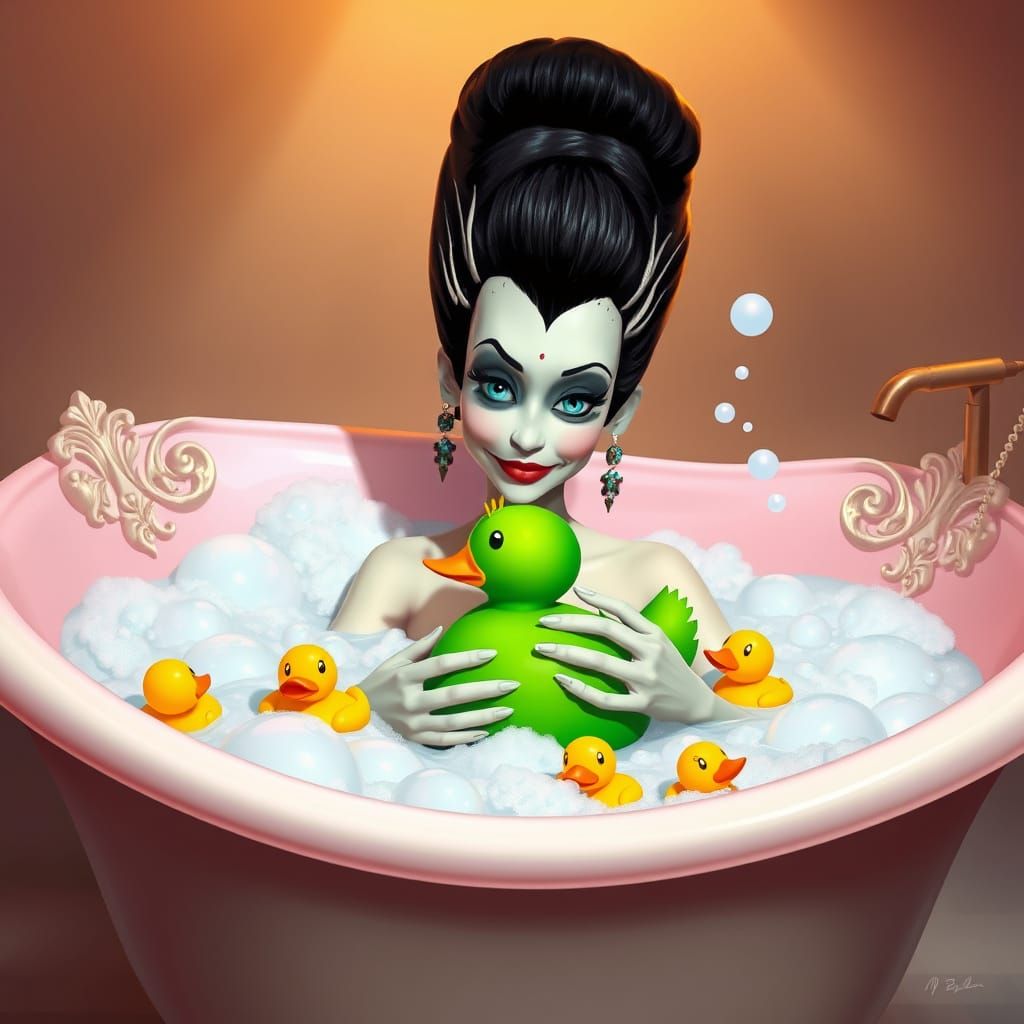 Whimsical Bride of Frankenstein Soaks in Bubble Bath with Ru...