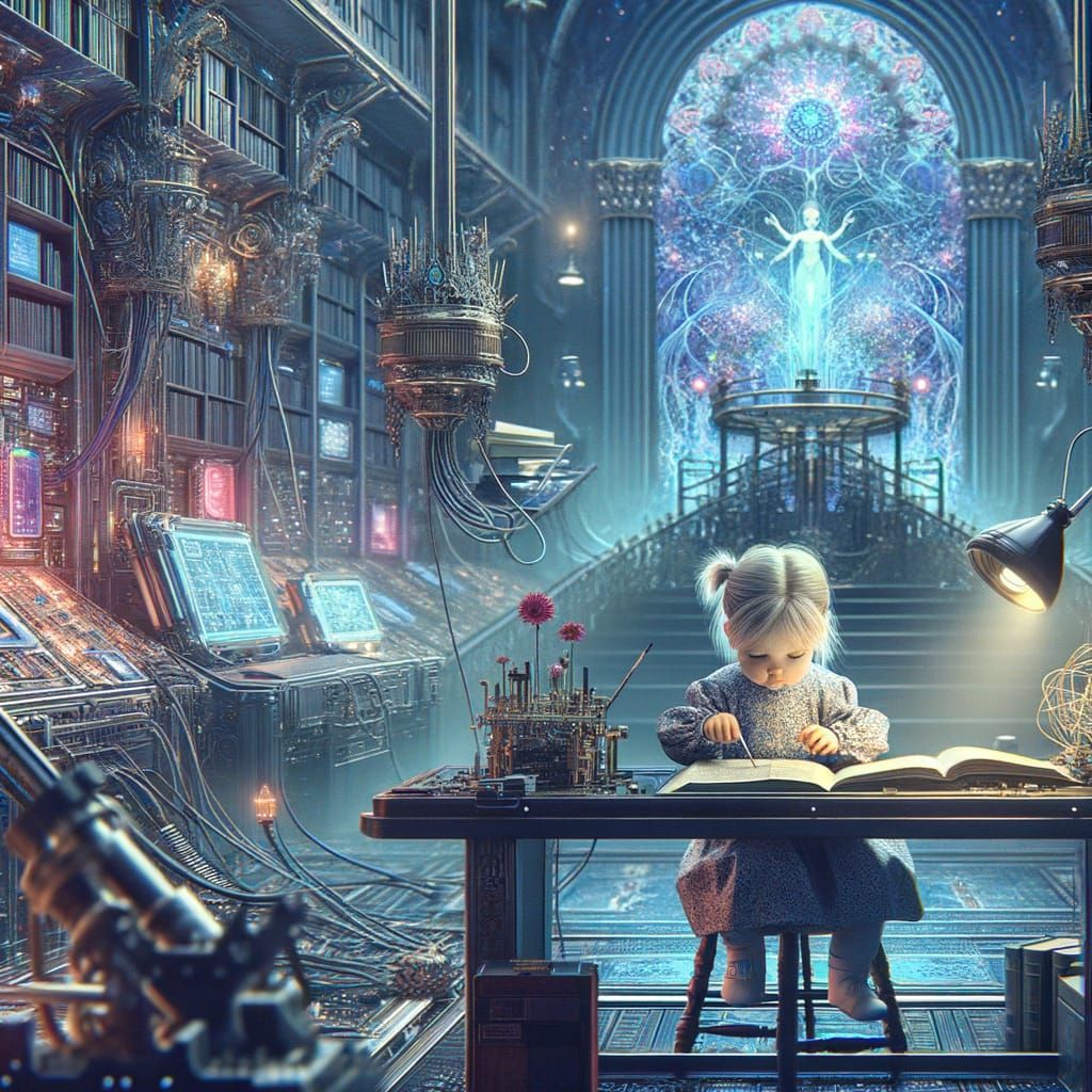 Young Girl Studying in Advanced Smart Room