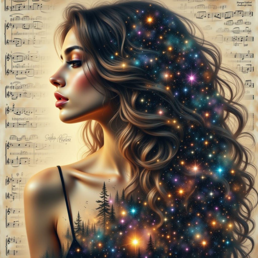 Surreal Music Score Portrait in Mixed Media Style