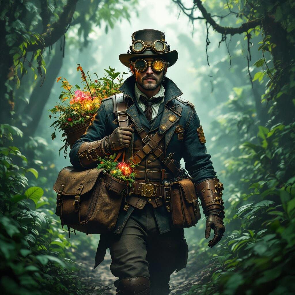 Steampunk Postman Explores Alien Jungle with Glowing Flora