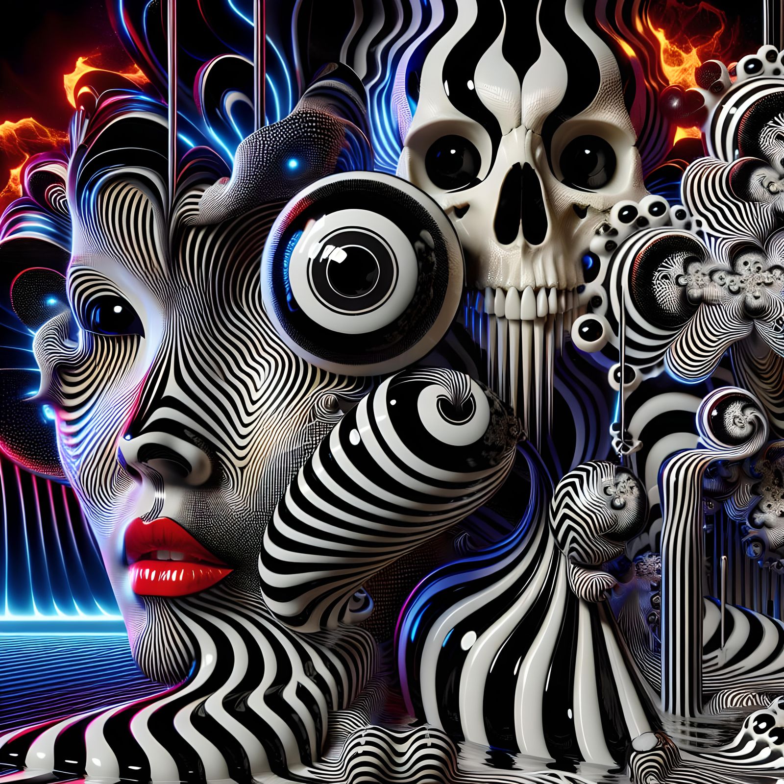 Surreal Glassmorphism Scene with Asian Woman and Skull