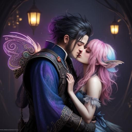 Pixie Witch Kisses Ghostly Viking in Fauvist Style