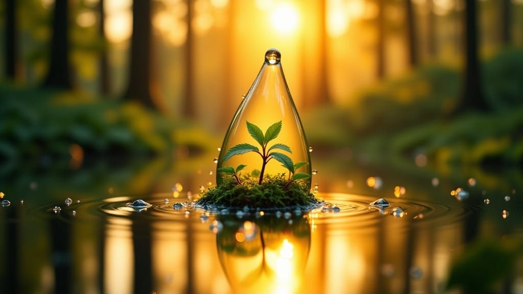 Crystal Water Droplet With Miniature World at Dawn