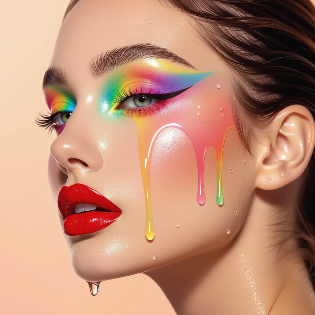 Rainbow Makeup Meltdown: A Photorealistic Portrait