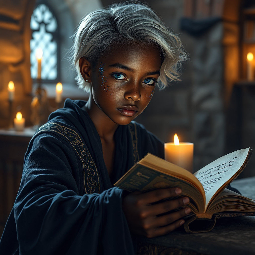 Teenage Mystic Reading by Candlelight in Hyperrealistic Styl...