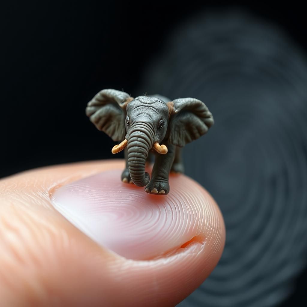 Miniature Elephant on Human Thumb: Macro Photography