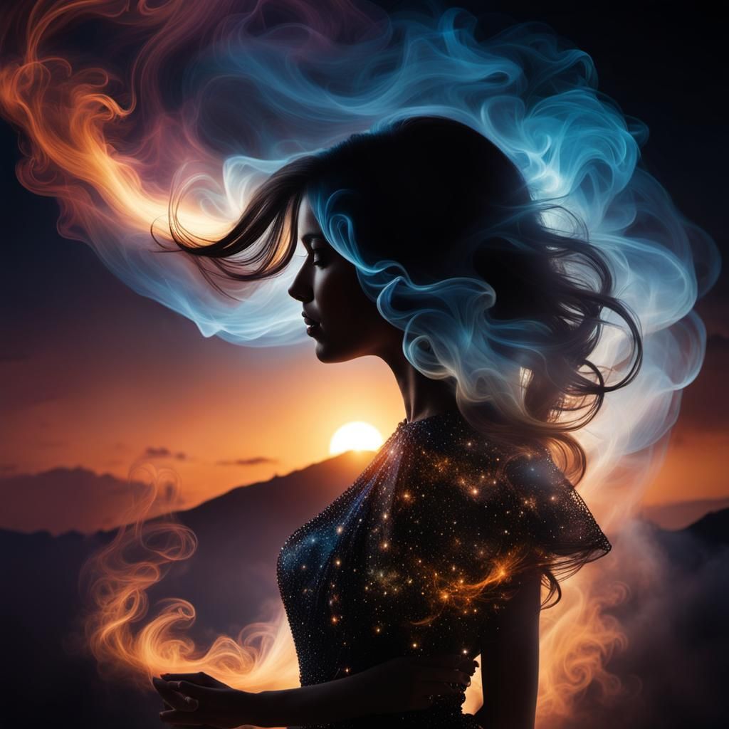 Woman's Silhouette with Stardust Dancer: Double Exposure