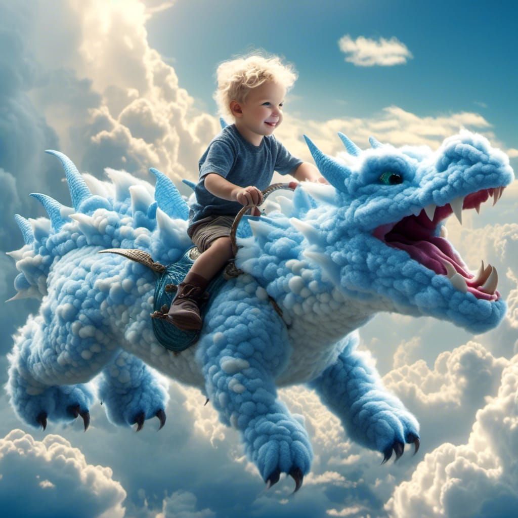 Toddler Rides a Fluffy Cloud Dragon