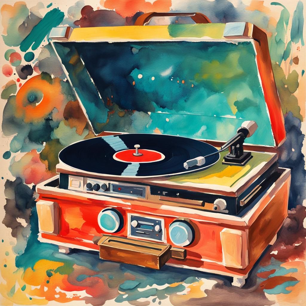 Retro Record Player as Gouache Impressionist Painting