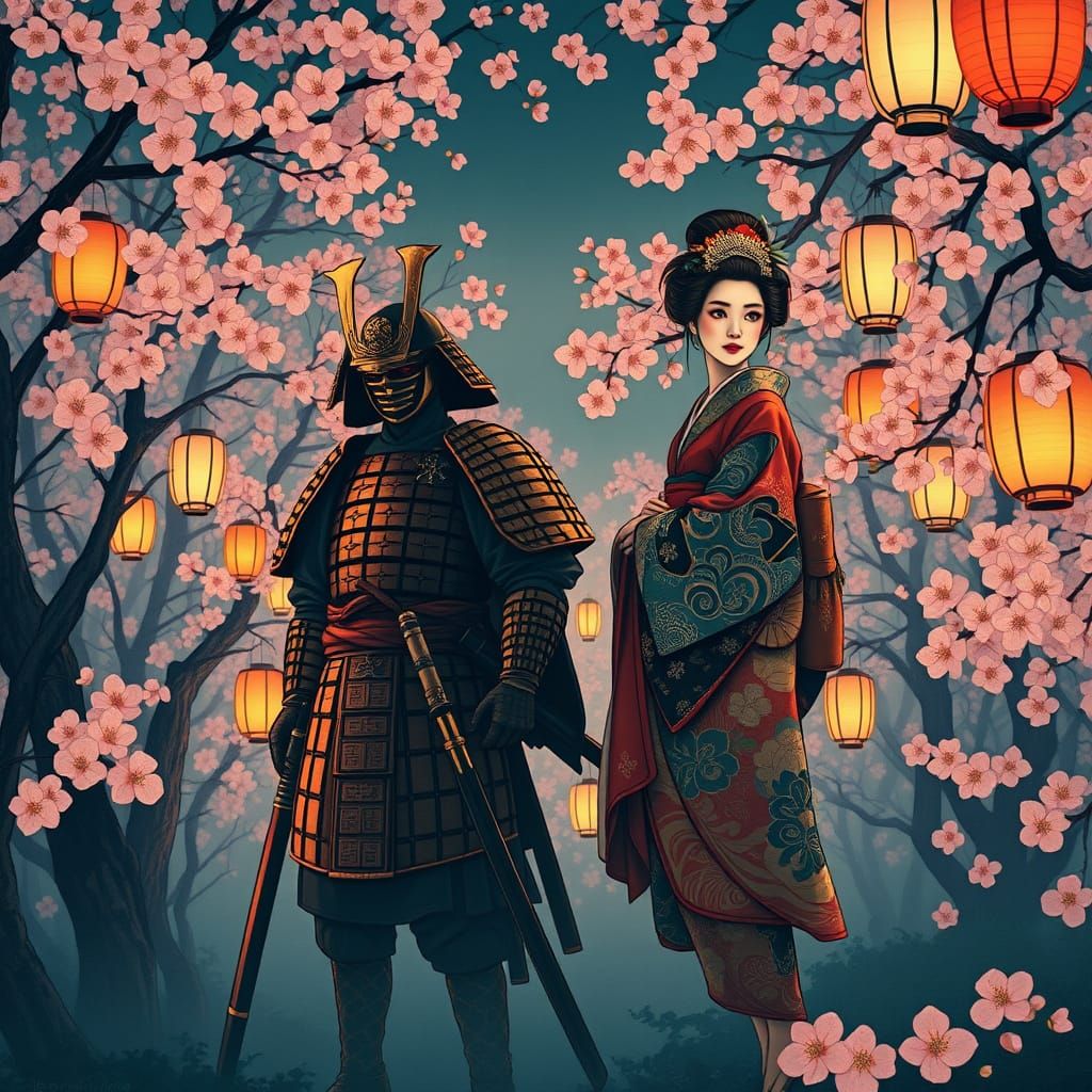 Samurai and Geisha in Cherry Blossom Forest