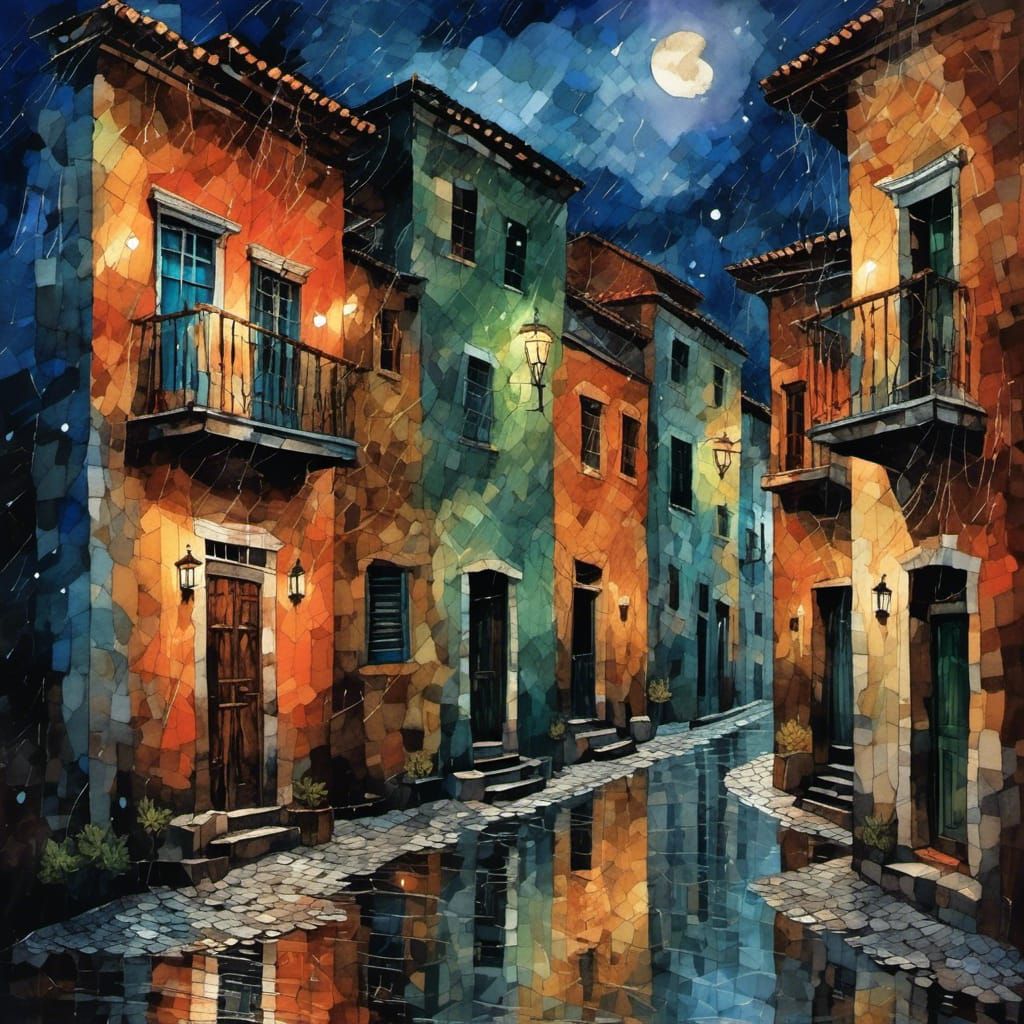 art by Frida Kahlo and Vincent 
Van Gogh, narrow dark alleyw...