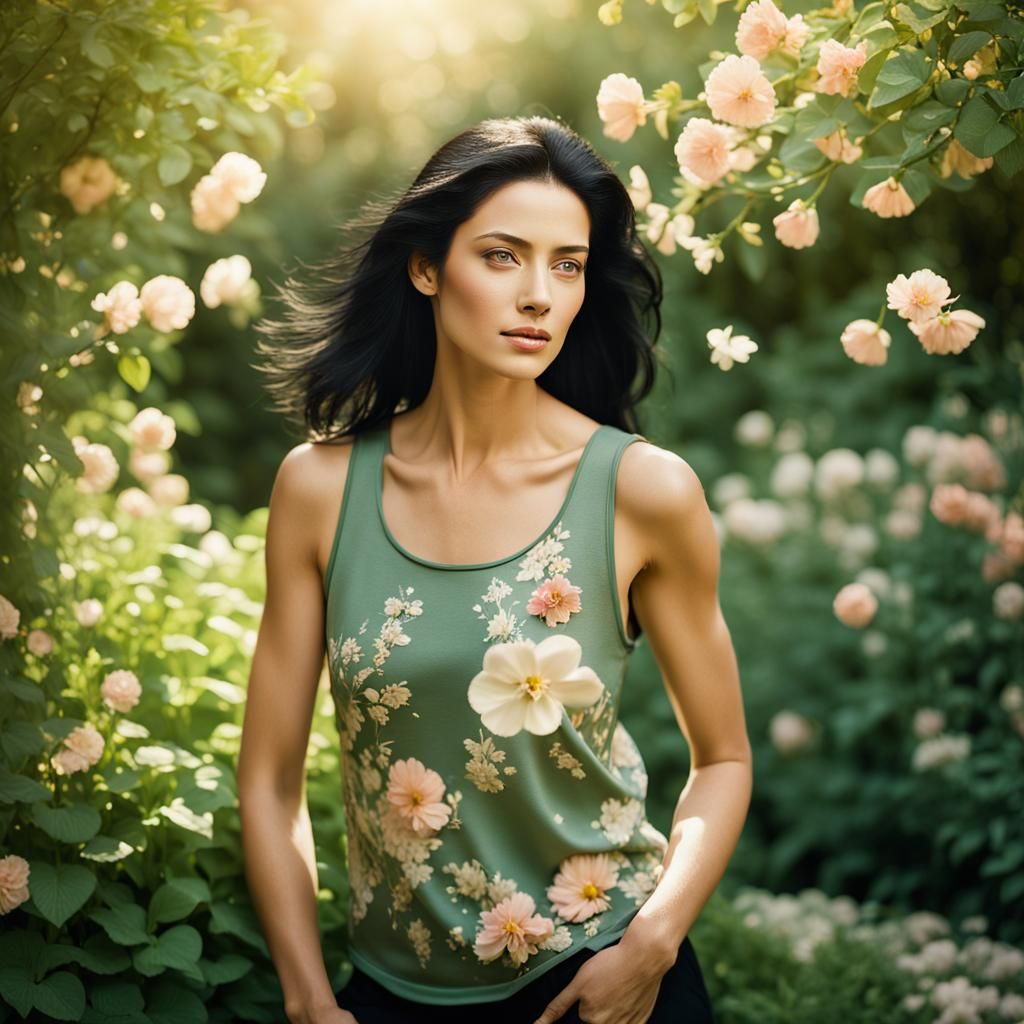 Beautiful Woman Posing in Sunlit Garden Portrait