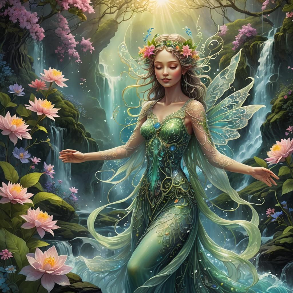 Mystical Sylph in Waterfall: Detailed Digital Art
