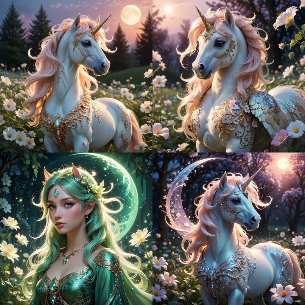 Regal Alicorn in Moonlit Field: Fantasy Art