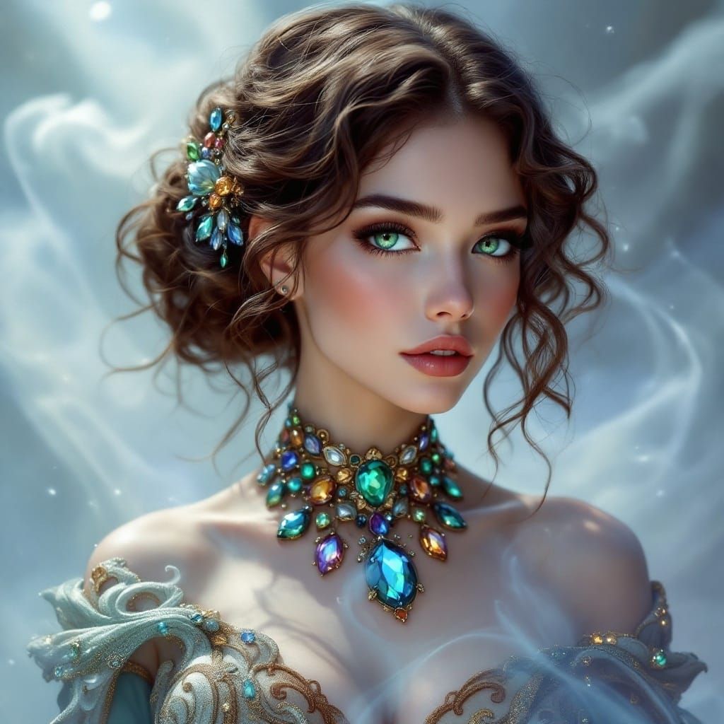 Radiant Woman in Brocade Gown: Digital Art Portrait