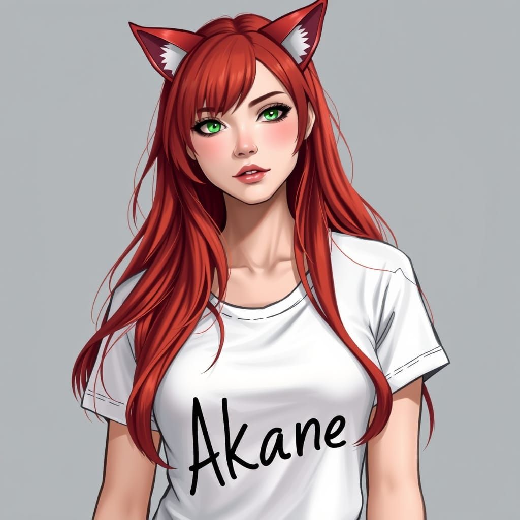 Red Haired Woman with Cat Ears Wearing Akane T-Shirt