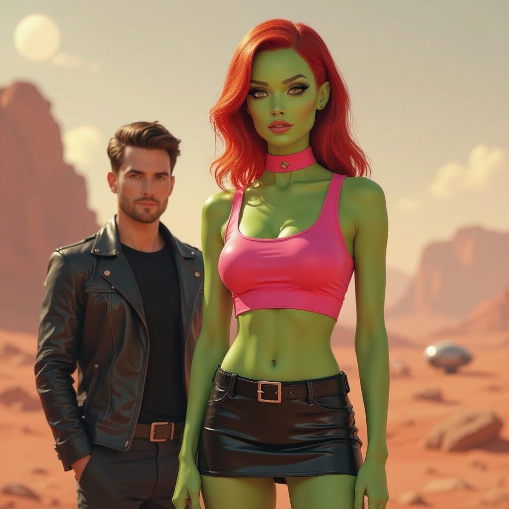 Green Skin Alien Woman on Mars with Red Hair