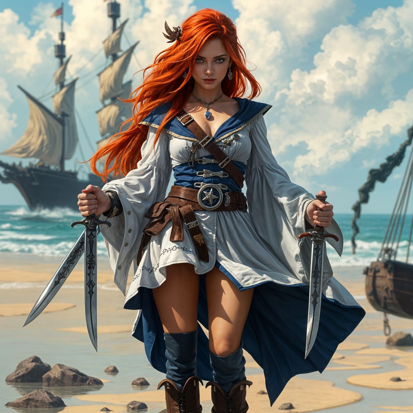 Anime-Inspired Pirate Woman with Dual Scimitars Painting