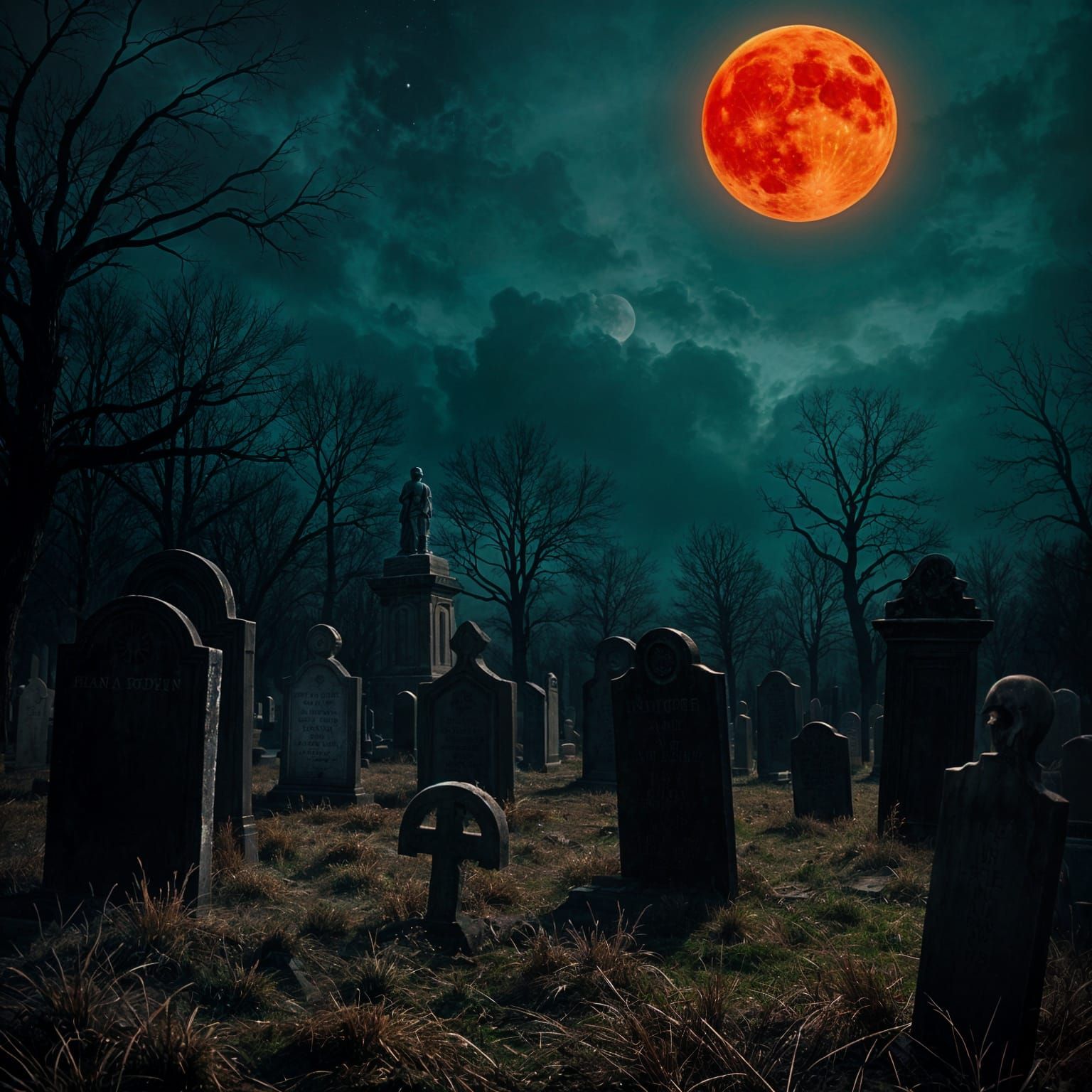 Dark Moonlit Cemetery at Night