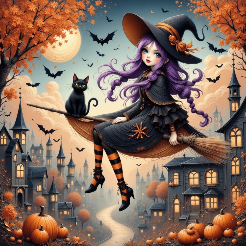 Young Witch Flies Over Autumn Town in Studio Ghibli Style