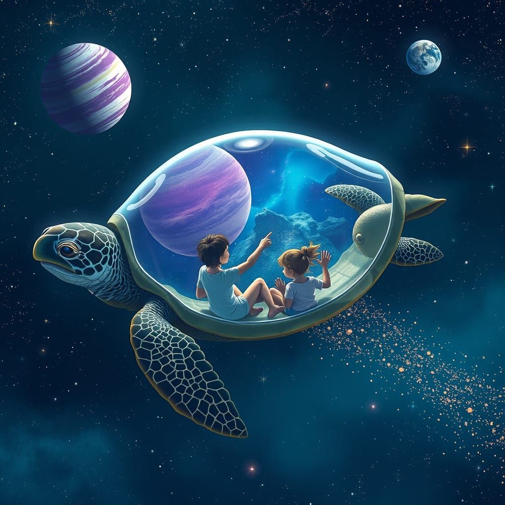 Majestic Sea Turtle Glides Through Cosmos with Family in Awe