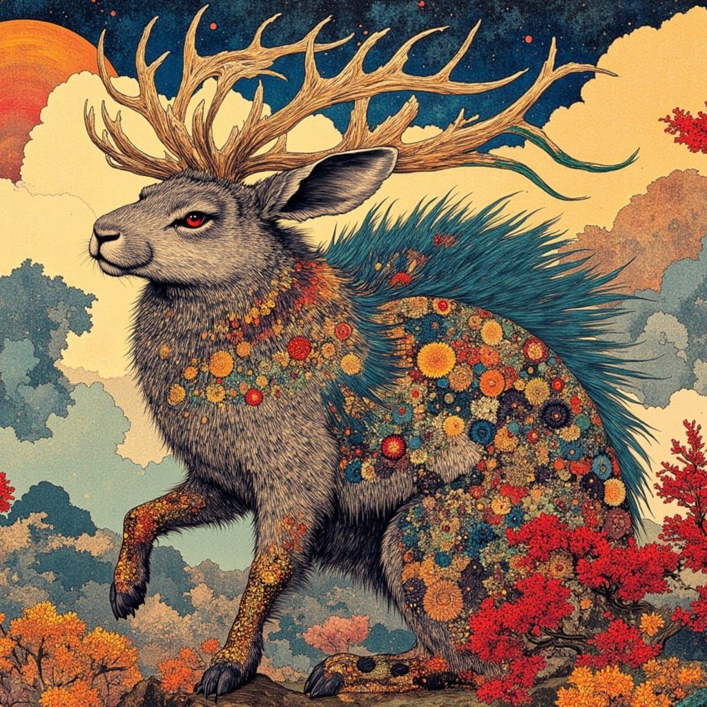 Antlered Rabbit in Surreal Floral Landscape