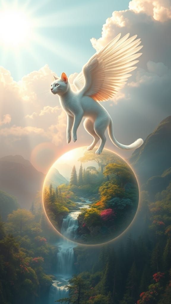 Majestic White Winged Cat Soars Above Enchanted Fantasy Worl...
