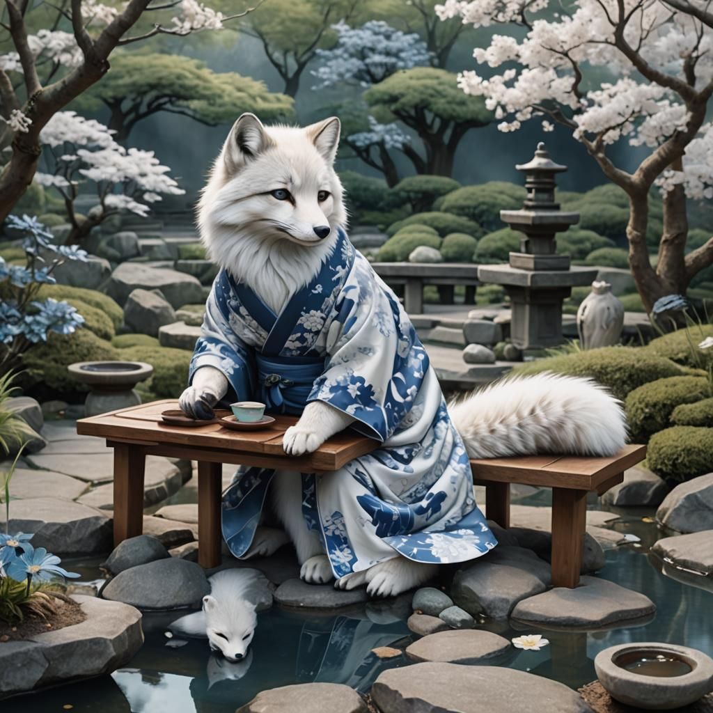 Arctic Fox in Kimono, Japanese Garden in Watercolor Style