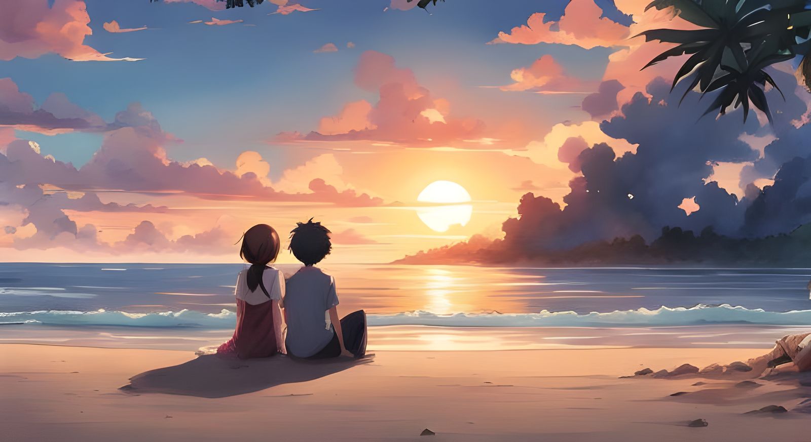 Anime Sunset: Two Figures on a Tropical Beach