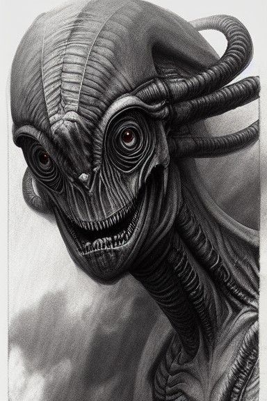 Alien Monster Portrait in Charcoal Drawing Style