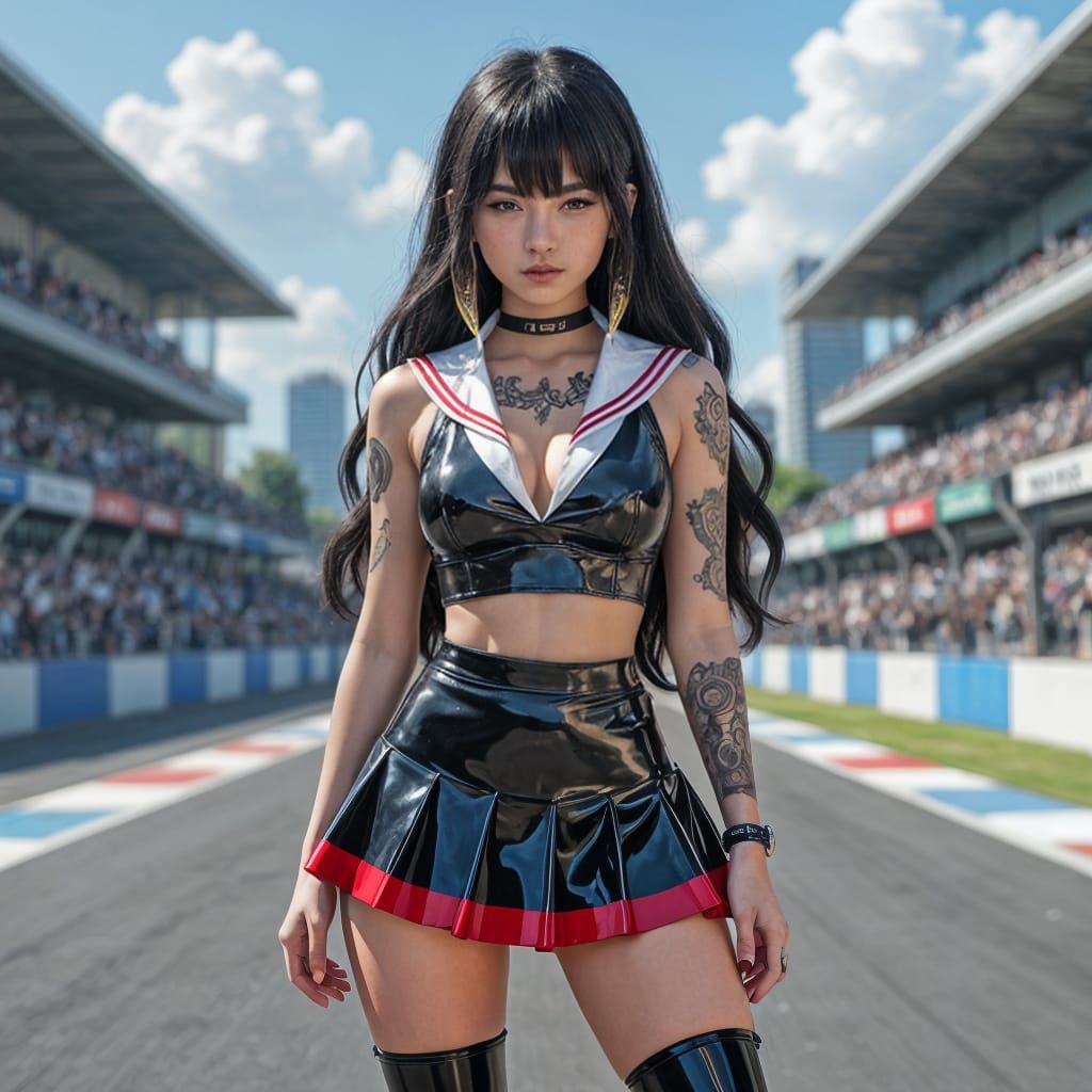 Anime Woman in Latex Outfit at Tokyo Racetrack