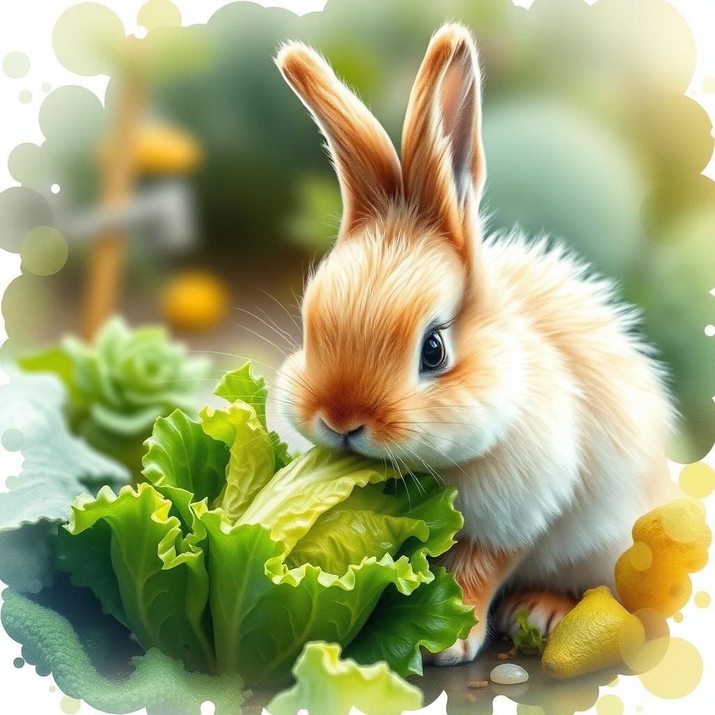 Cute Bunny Rabbit Nibbling Lettuce, Watercolor Digital Art