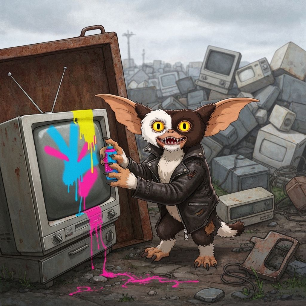 Whimsical Gremlin Graffiti Art in Junkyard Scene
