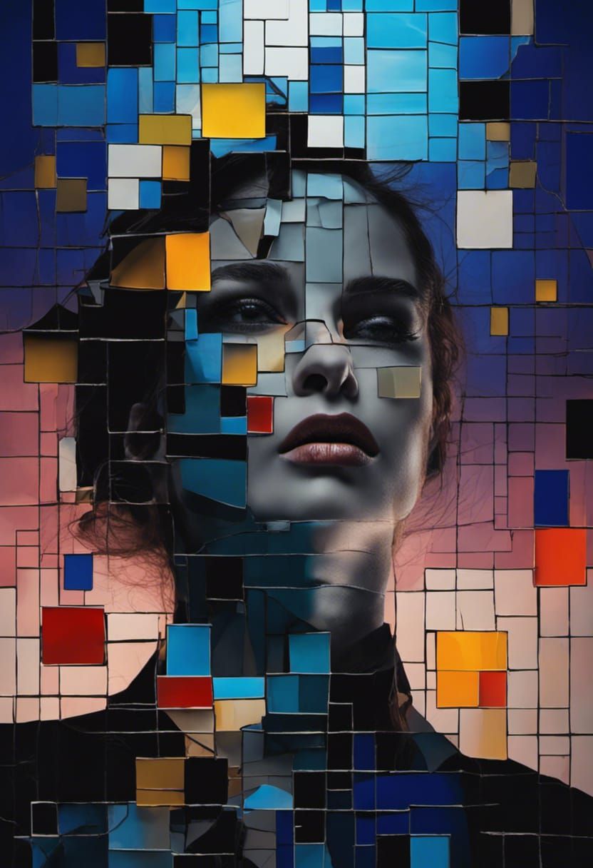 Cracked Portrait: Woman in Mondrian Style