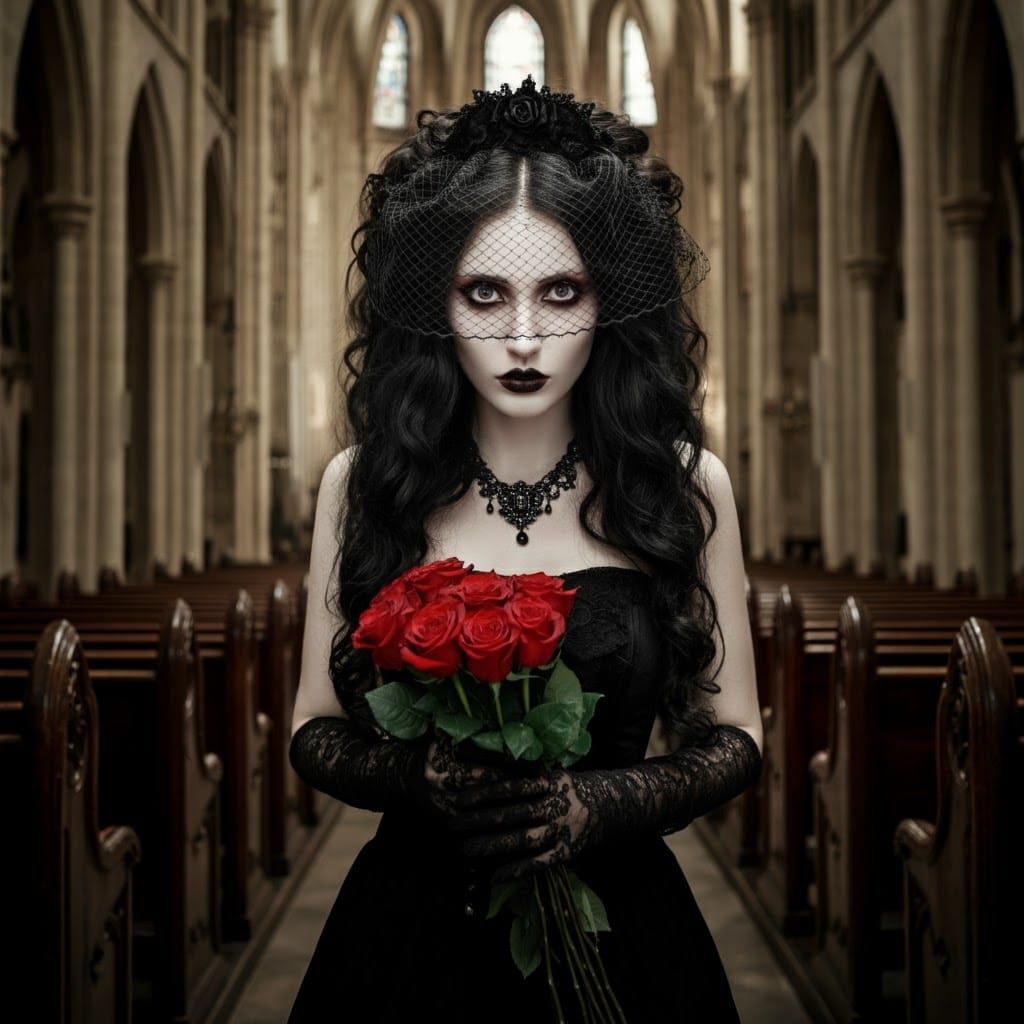 Gothic Woman in Church with Red Roses