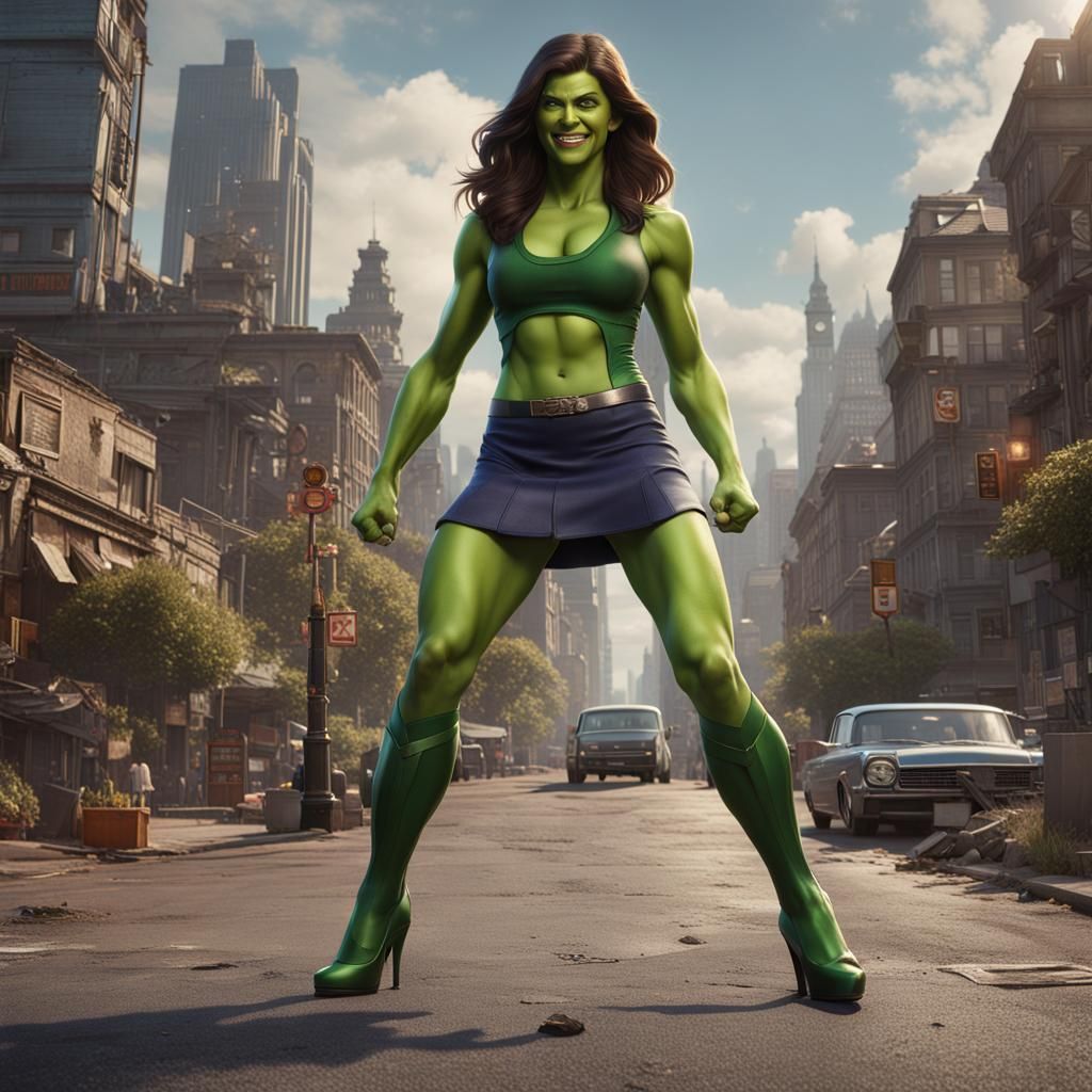 She-Hulk, smiling and wearing miniskirt and High Heels