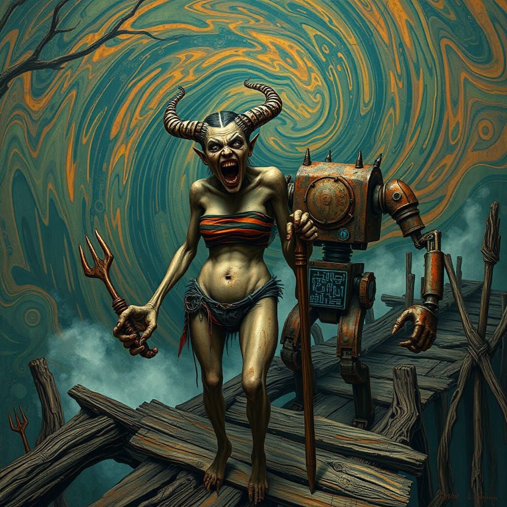 An intensely emotive anthropomorphic screaming female demon ...