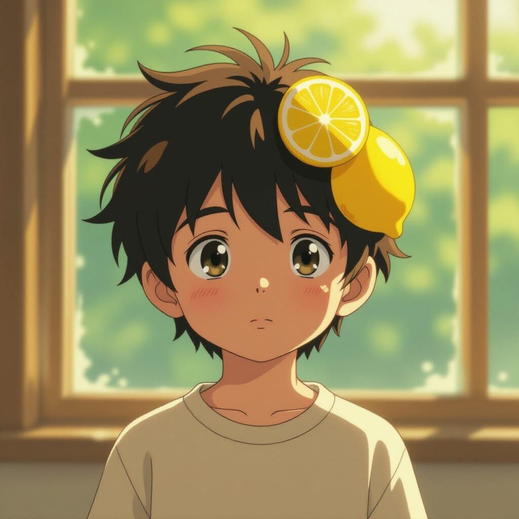 Whimsical Boy with Lemon Face, Studio Ghibli Style