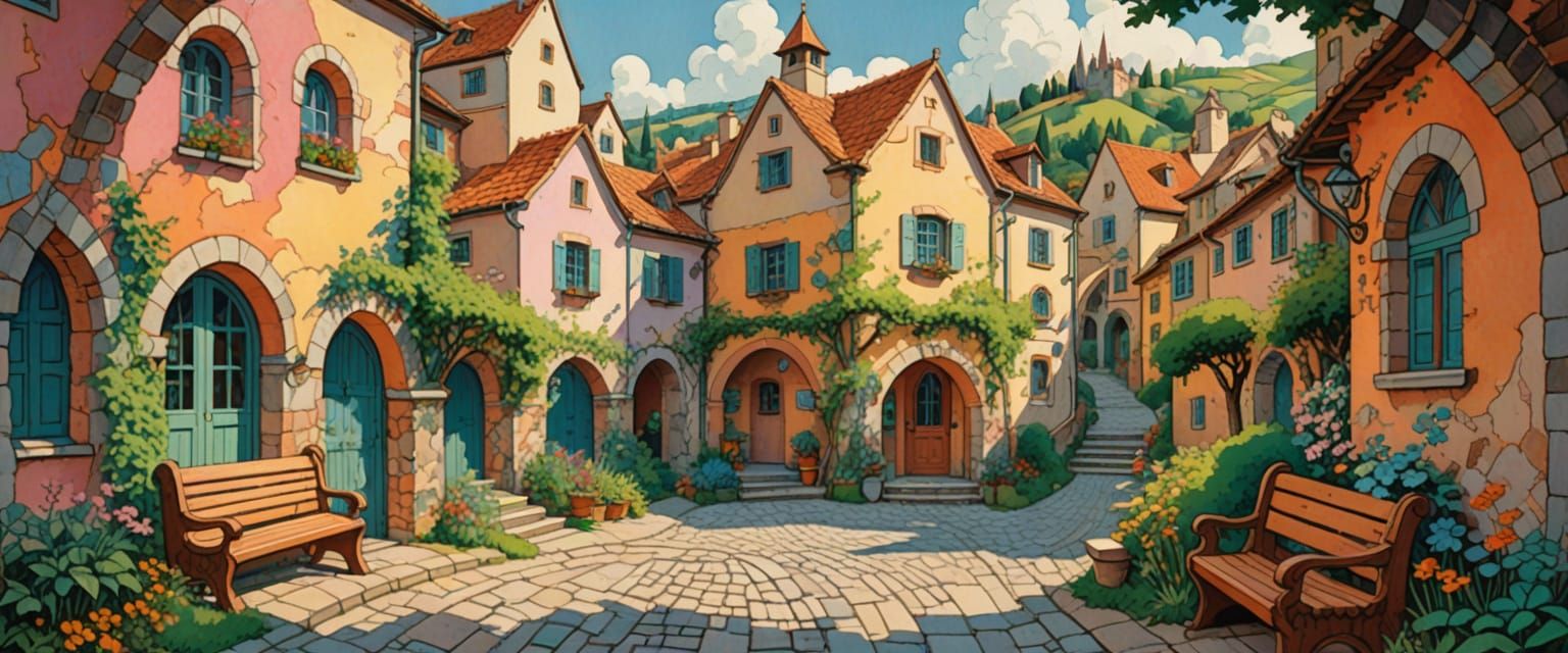 Whimsical Village Benches in Naive Folk Art Style