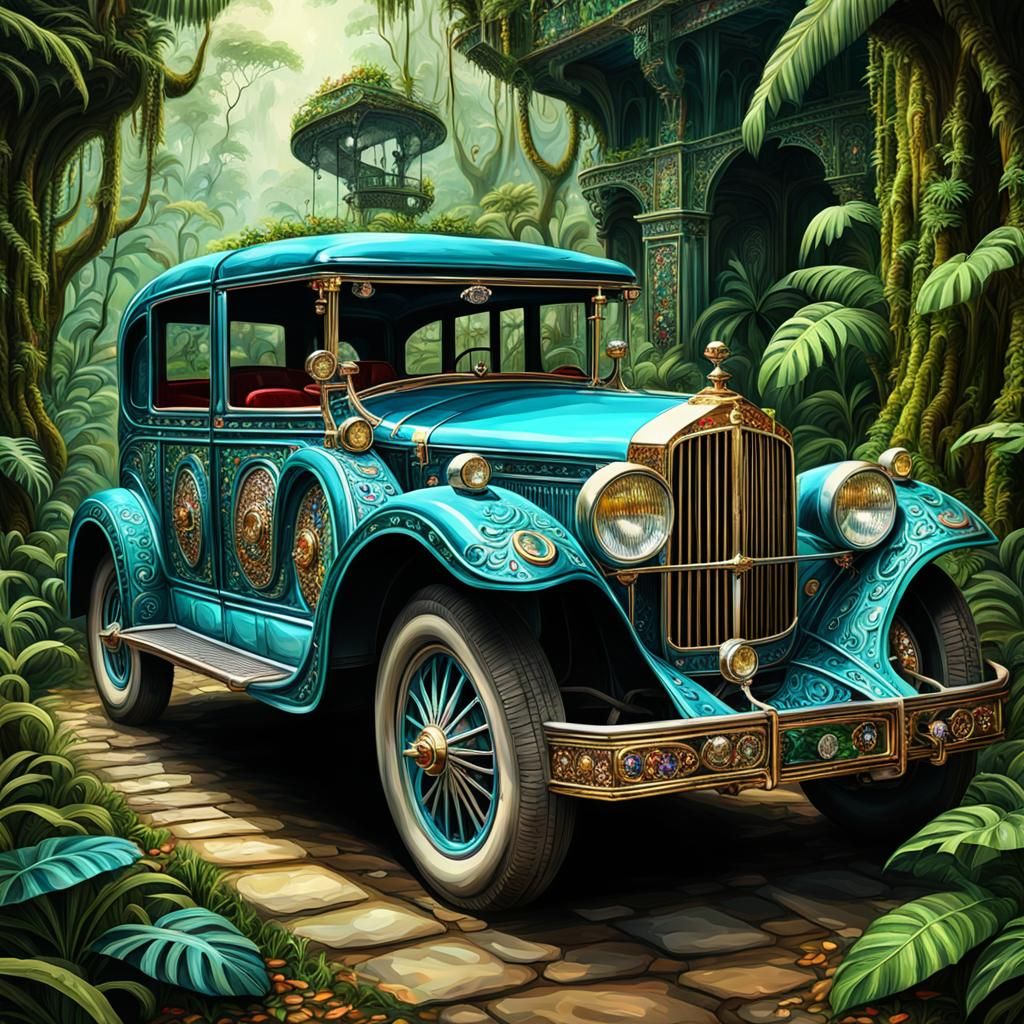 Ornate Jeweled Car in Dense Jungle, Digital Painting