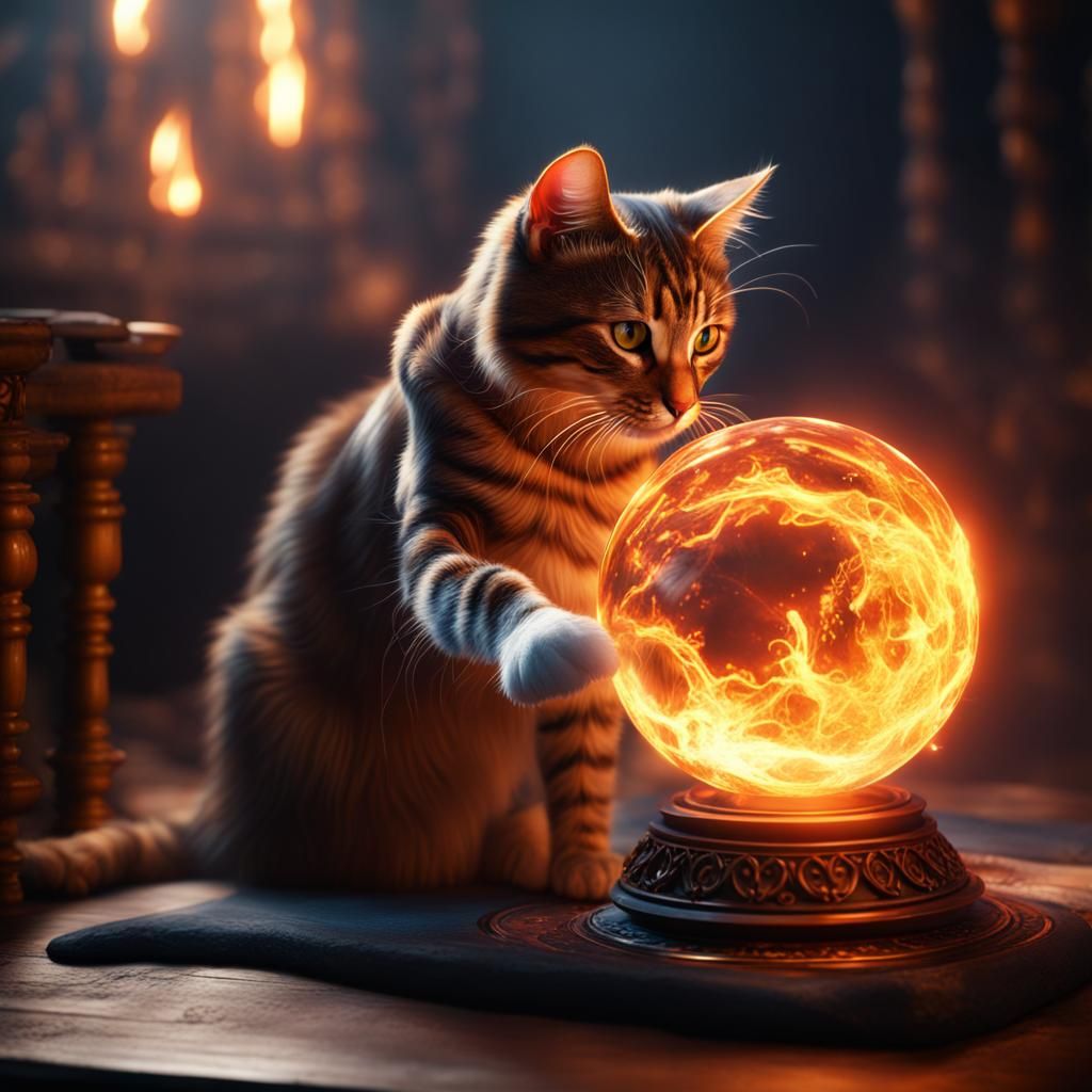 Cat Plays with Fiery Orb: Fantasy Concept Art