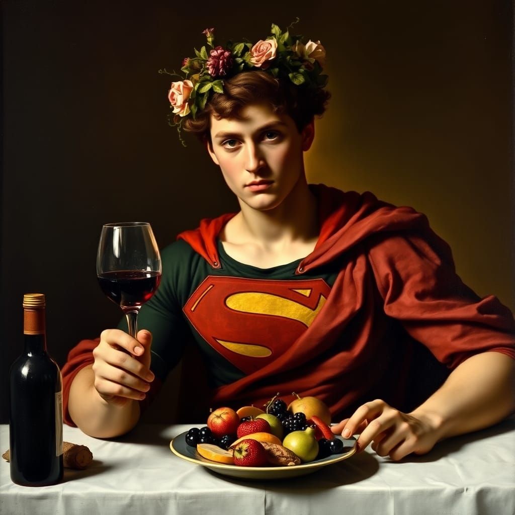 Caravaggio’s Bacchus but with Superman.
