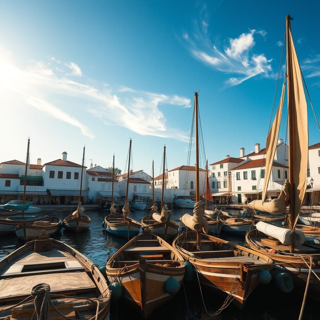 Coastal Town Harbor with Fishing Boats at Sunset