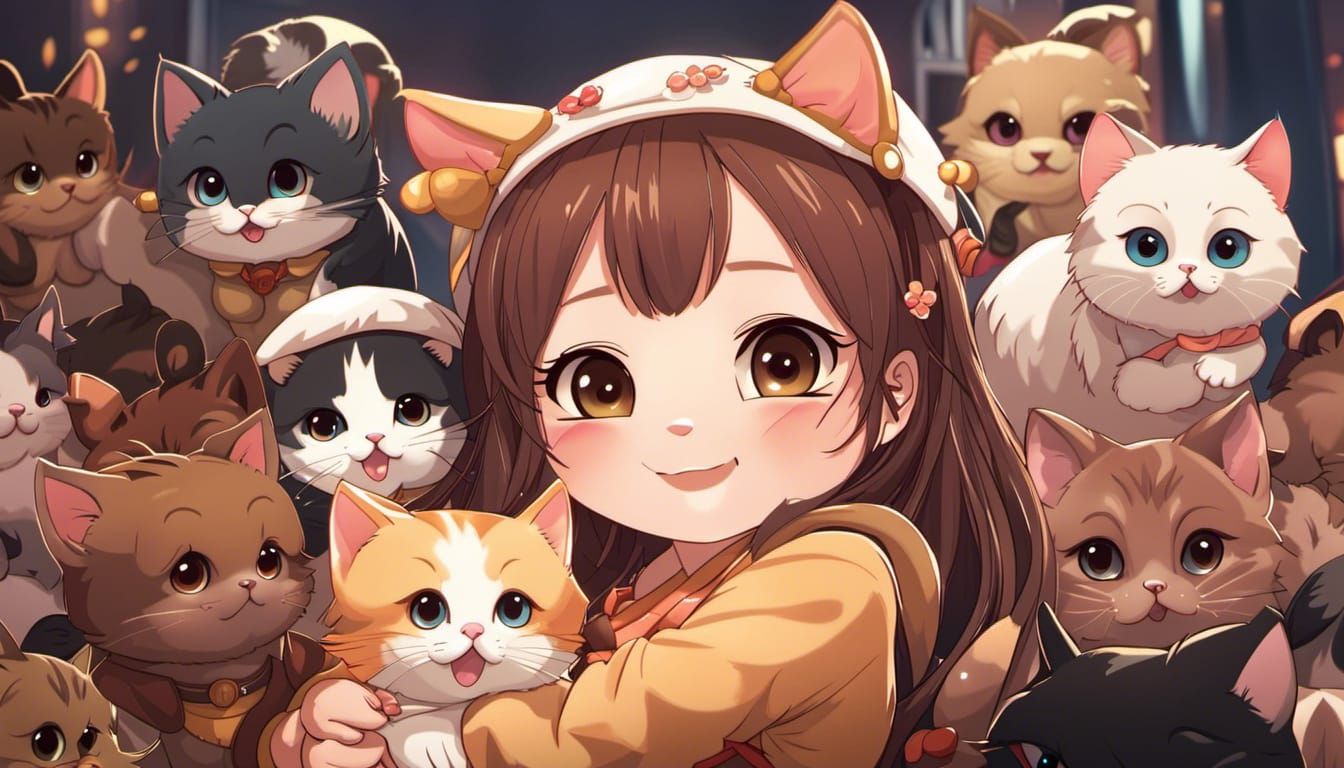 Chibi Girl's Joyful Kitten Pile: Anime Panorama