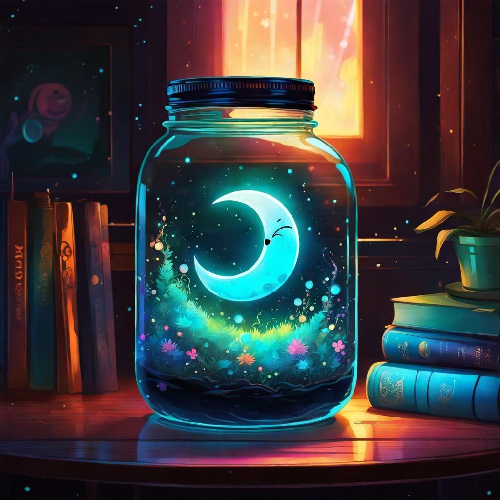 Neon Crescent Moon in Jar, Fantasy Art
