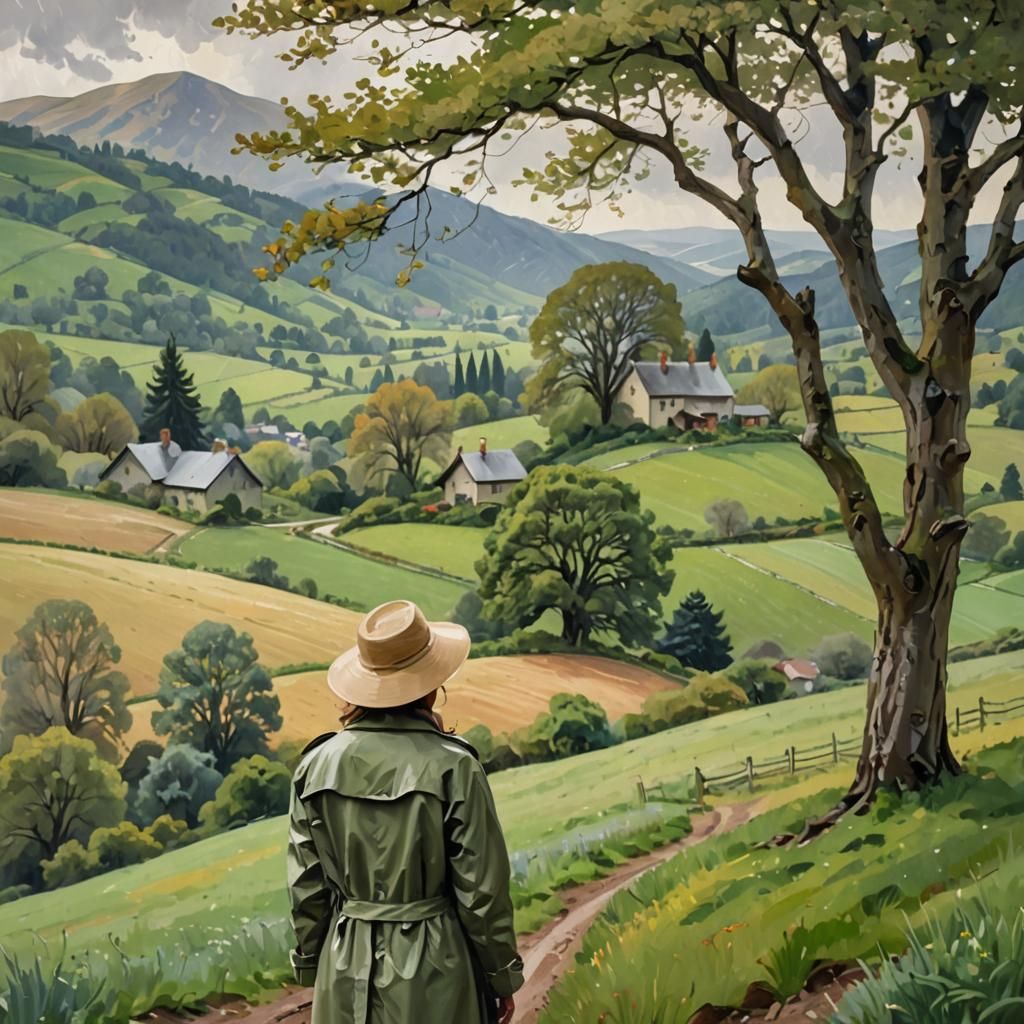 Impressionist Woman Gazing at Rural Landscape