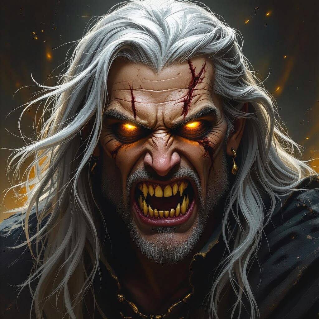 Scarred Man with Yellow Eyes and Fanged Mouth