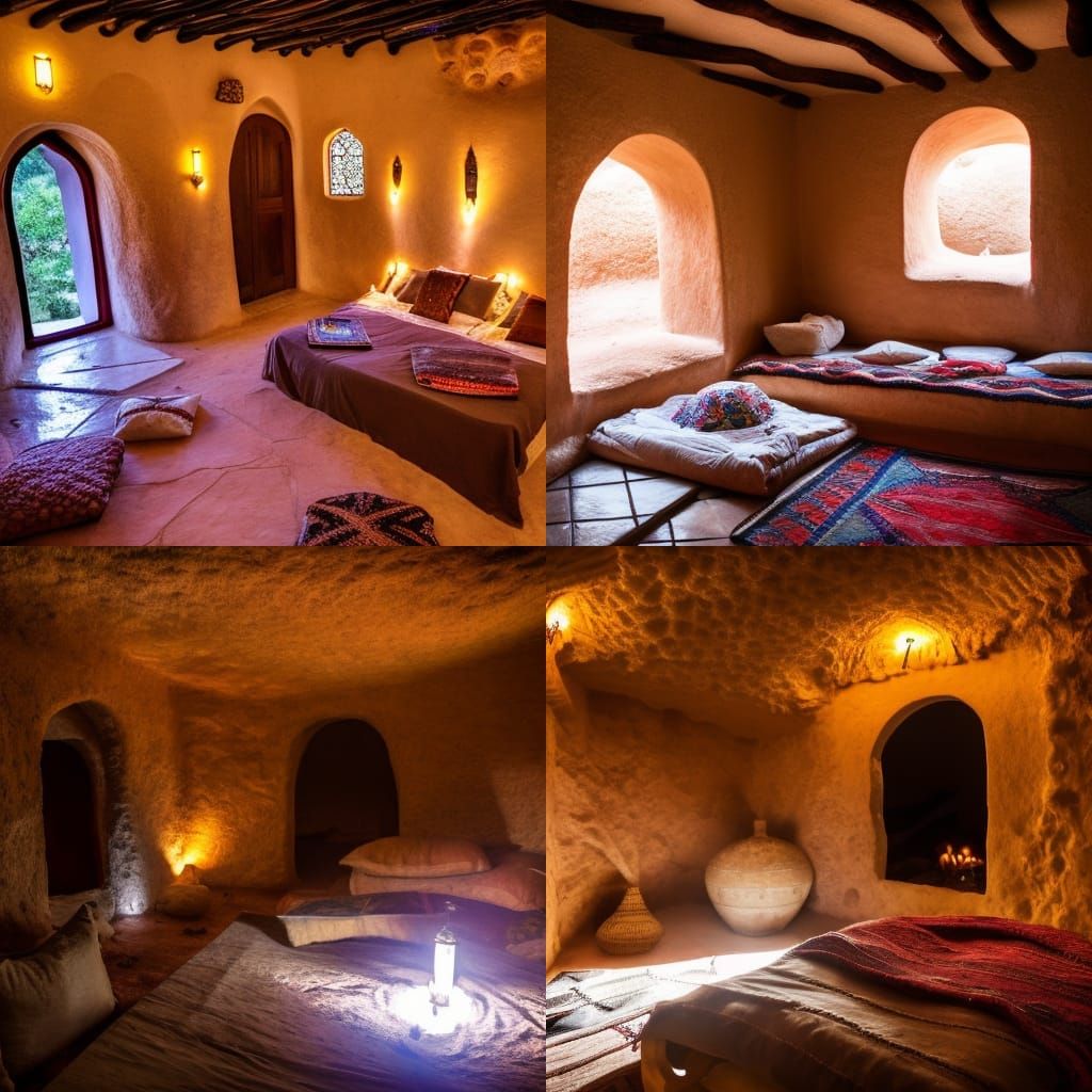 Inside of a spacious cave lit by a hearth fire furnished with Moroccan decor, while it rains hard outside, in the cave t...