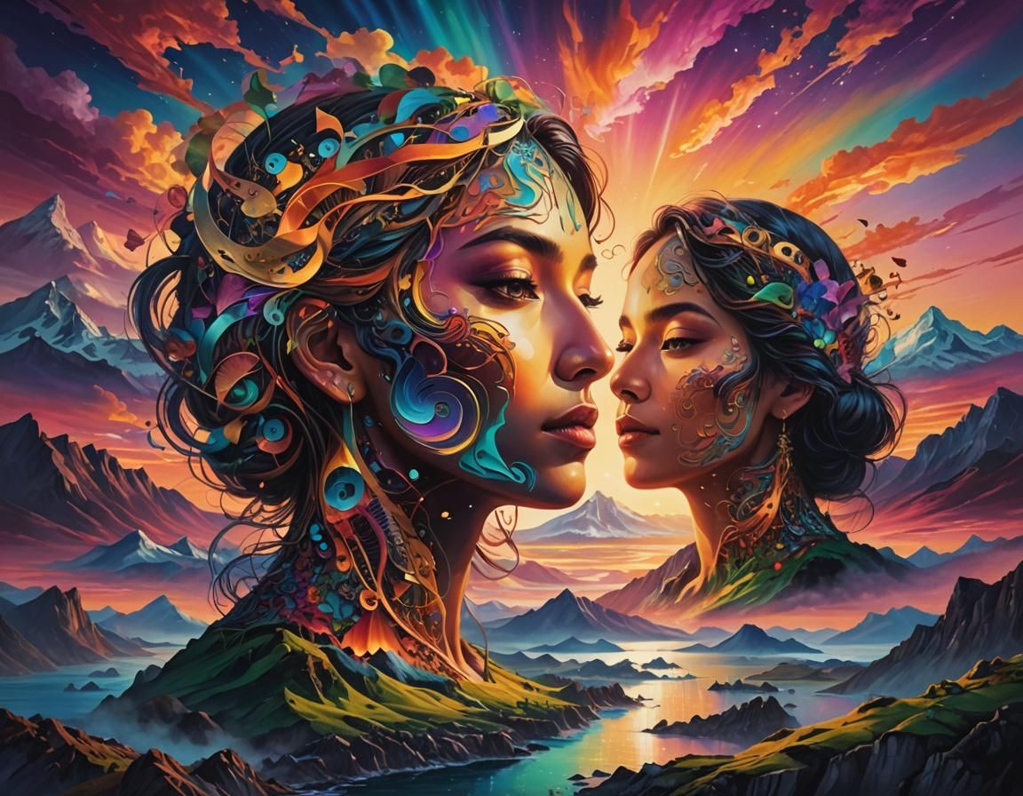 Surreal Music Face Emerges from Psychedelic Sunset